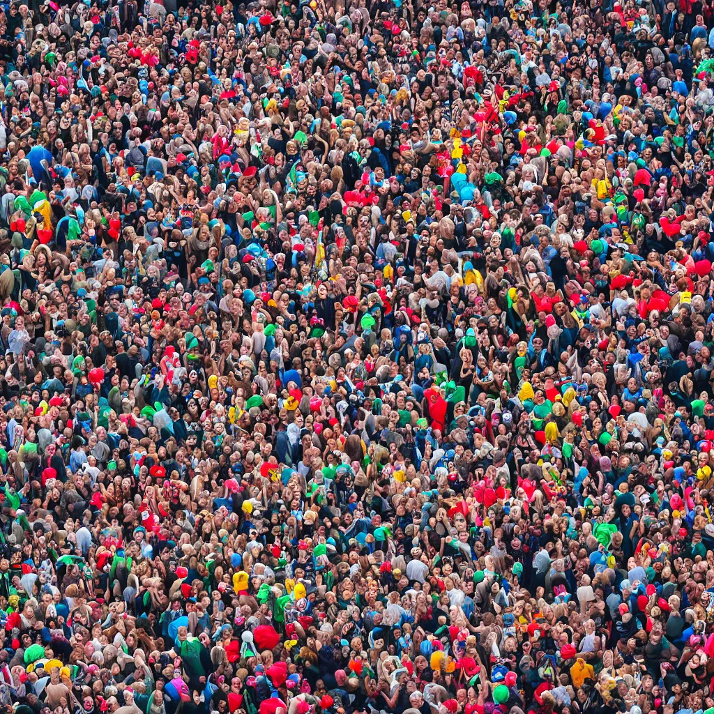 Image similar to moshpit from above with a lot of clowns, very detailed