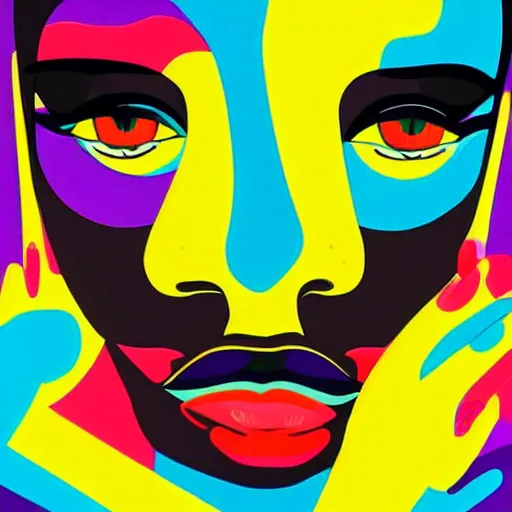 Image similar to closeup portrait of a black woman with yellow eyes and a rainbow background, digital art by tomokazu matsuyama, by ed paschke, behance contest winner, generative art, irridescent, retrowave, grain, androgynous, black background