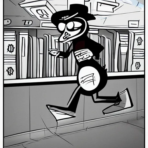 Prompt: a raccoon dressed as a burglar robbing a library, illustration in the style of chuck jones looney tunes