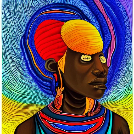 Prompt: a painting of a african warrior thinking in the style of flooko, alex grey, acrylic, vibrant, twilight, glows, detailed,