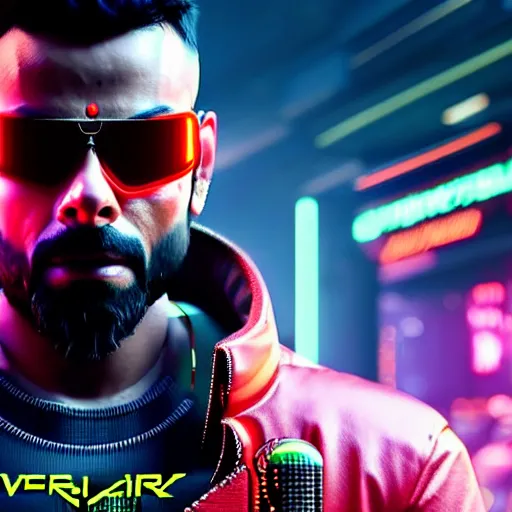 Image similar to Virat Kholi, in CyberPunk 2077, reimagined as a cyberpunk dystopia, 4k highly detailed digital art 4k highly detailed digital art