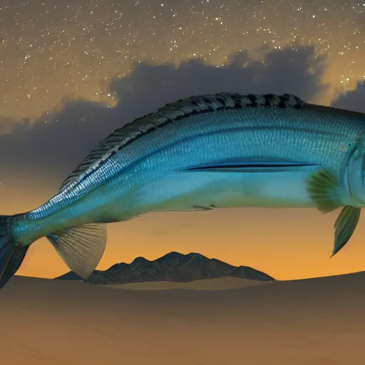 Prompt: a high resolution photo of a beautiful muscular fish watching the end of the universe in the desert