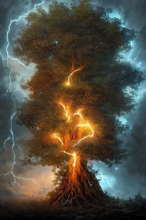 Image similar to a tree with lightning for leaves, overexposure, electricity, night, unreal engine, digital art, 8 k, oil painting, fantasy art, illustration, detailed and intricate environment