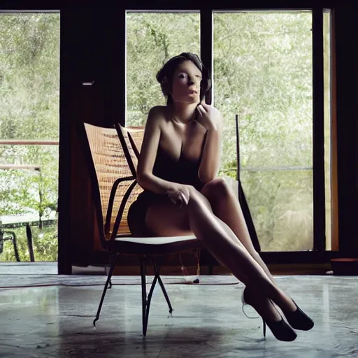 Prompt: beautiful woman sitting on how about midcentury modern wooden chair in the style of mies van der rough high end photoshoot