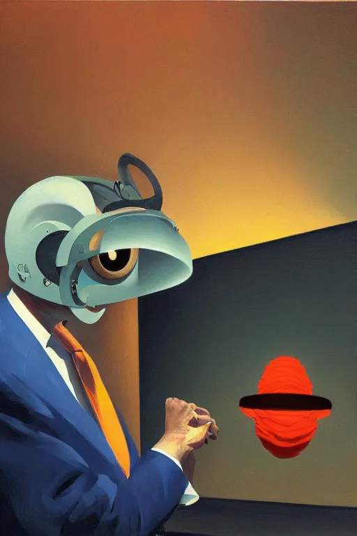 Image similar to sathoshi nakamoto wearing oculus and bitcoin over his head edward hopper and james gilleard, zdzislaw beksisnski, higly detailed