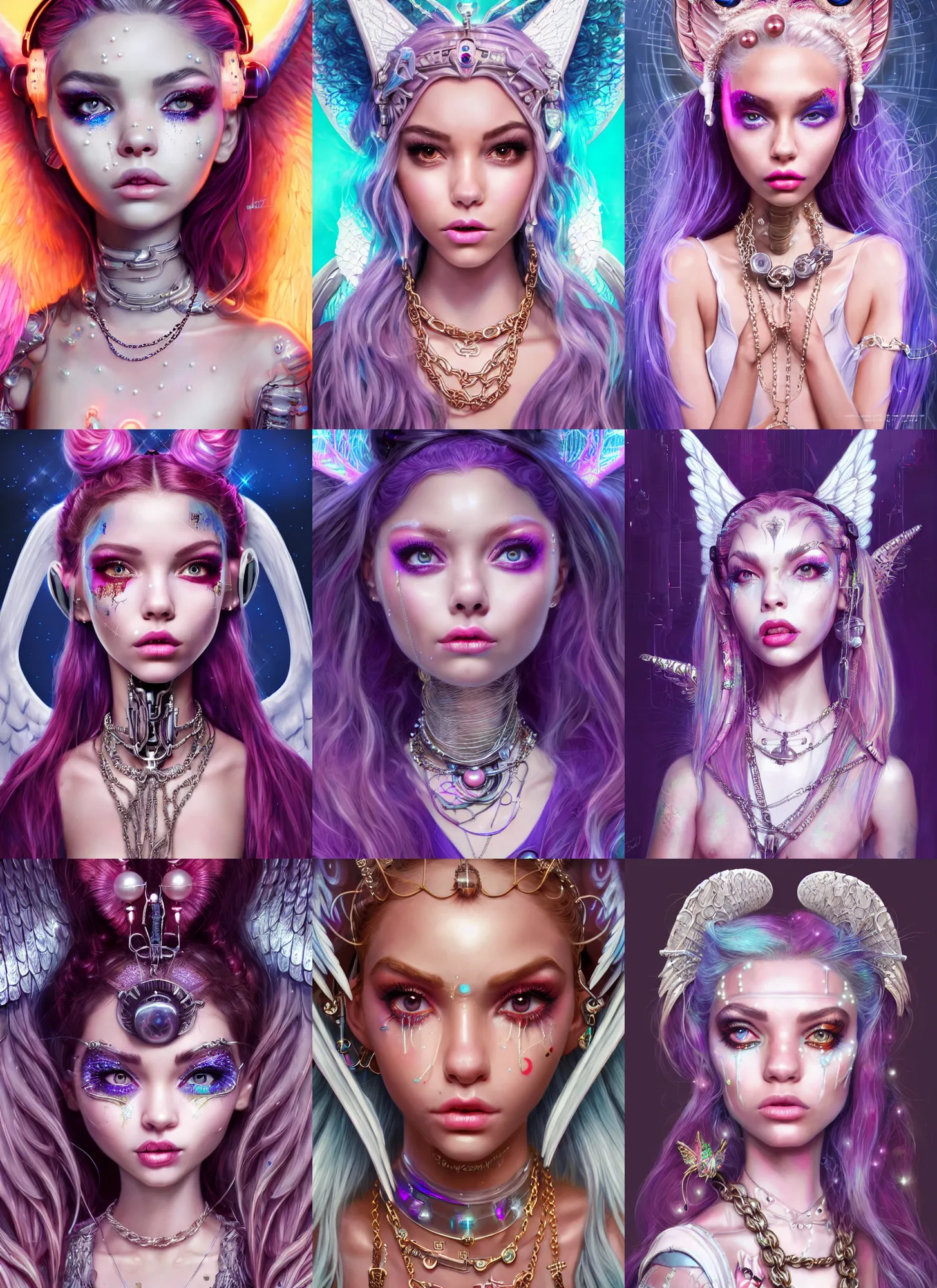 Prompt: disney weta portrait, beautiful porcelain white edm raver clowncore catgirl pearl chain angel madison beer cyborg woman, rapper jewelry, sci - fi, fantasy, cyberpunk, intricate, elegant, highly detailed, digital painting, ever after high, octane render, artstation, concept art, smooth, sharp focus, illustration, art by artgerm, loish, wlop