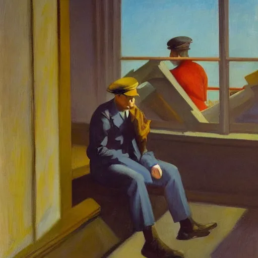 Image similar to Edward Hopper painting of tired and battered soldiers looking up and observing the first rays of sunlight during dawnbreak, dramatic painting, dark, scary, hopeful