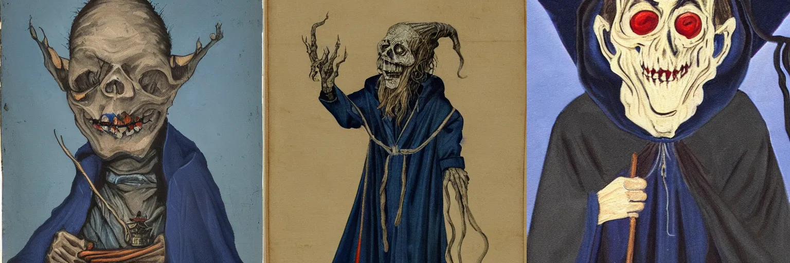 Prompt: a detailed painting of a skinny beardless small wizard with a cadaverous face in a ragged dark blue wizard robe, with a hood, grinning and casting a nasty spell