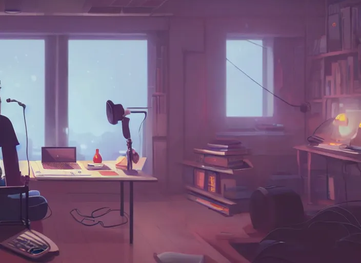 Image similar to man with headphones at his home studio producing music late at night, very detailed, 4 k, cory loftis, james gilleard, atey ghailan, makoto shinkai, goro fujita, studio ghibli, rim light, exquisite lighting, clear focus, very coherent