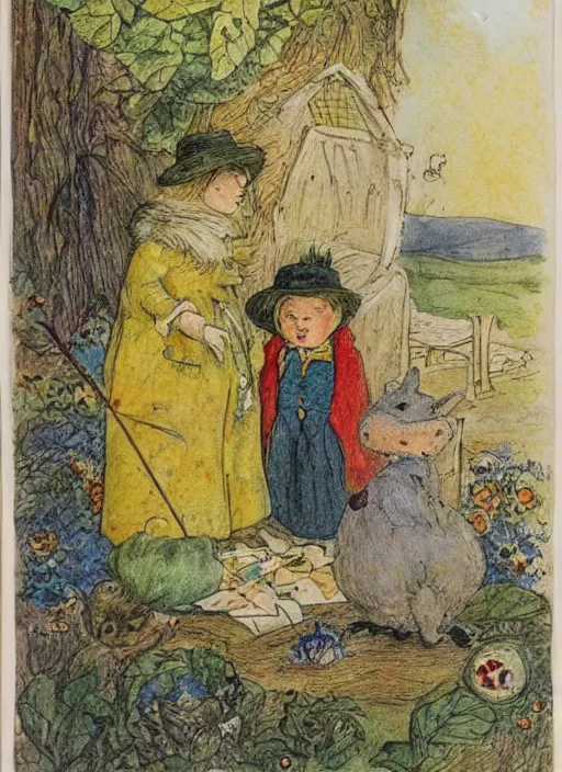 Image similar to half morning, half night, half moon, half sun, illustrated by peggy fortnum and beatrix potter and sir john tenniel