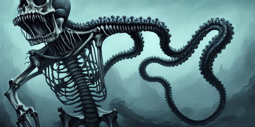 Image similar to a human skeleton slowly transforming into a tentacle monster, matte oil painting, concept art, dnd, clear, crisp, sharp, bones, eldritch, award - winning, extremely detailed, 4 k, 8 k