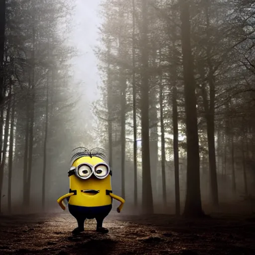 Image similar to sad minion in misty forest scene, the sun shining through the trees