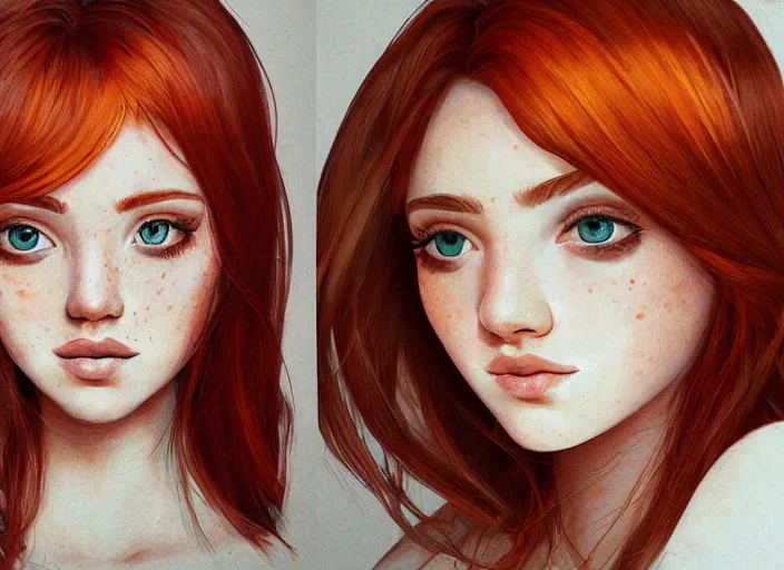 Prompt: portrait Girl with orange hair and freckles, cute-fine-face, pretty face, realistic shaded Perfect face, fine details. realistic shaded lighting by Loish