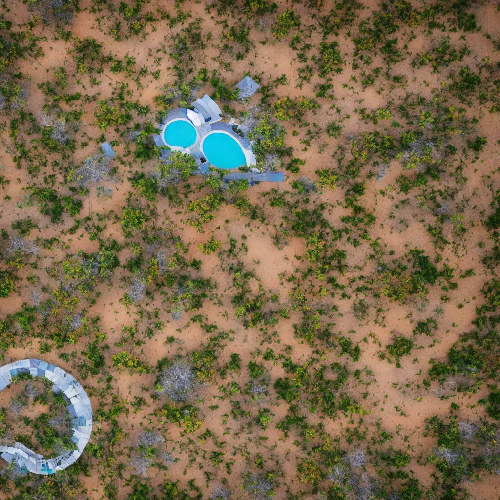 Image similar to aerial view of beautiful and artistic futuristic commune in the australian outback, parks, recreation, village, high technology, biomimetic, urban planning, XF IQ4, 150MP, 50mm, F1.4, ISO 200, 1/160s, natural light