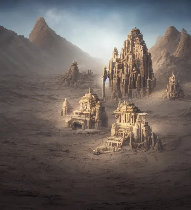 Image similar to an anthropomorphic beautiful futuristic lost temple made of dust in a desert, fine art, award winning, intricate, elegant, sharp focus, octane render, hyperrealistic, cinematic lighting, highly detailed, digital painting, 8 k concept art, art by jamie hewlett and z. w. gu, masterpiece, trending on artstation, 8 k