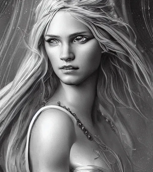 Image similar to beautiful young aphrodite goddess with beautiful piercing eyes and flowing blonde hair, archer, realistic face, black and white drawing, in the style of greg rutkowski, fantasy, amazing detail, epic, intricate, elegant, smooth, sharp focus