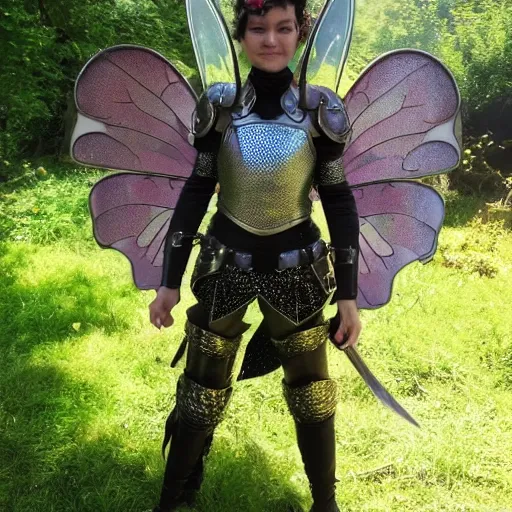 Prompt: full body photo of a beautiful fairy warrior with sparkling armour