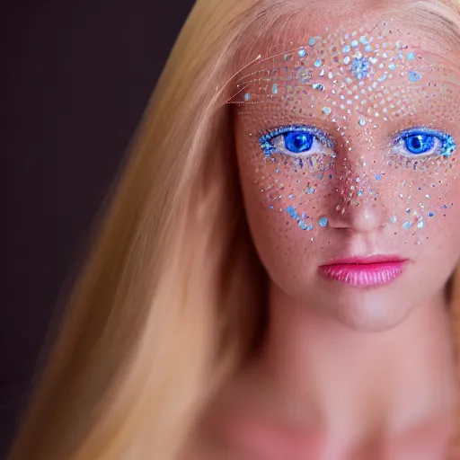 Image similar to close up headshot of a princess with long blonde hair and blue eyes wearing a strapless elaborately beaded pink dress, high resolution film still, 8k, HDR color, film by Simon Langton and David Frankel, triangular face, freckles, round narrow chin