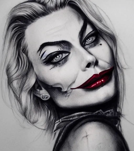 Image similar to tattoo design sketch of beautiful margot robbie portrait with joker makeup, in the style of den yakovlev, realistic face, black and white, realism tattoo, hyper realistic, highly detailed, faded drawing