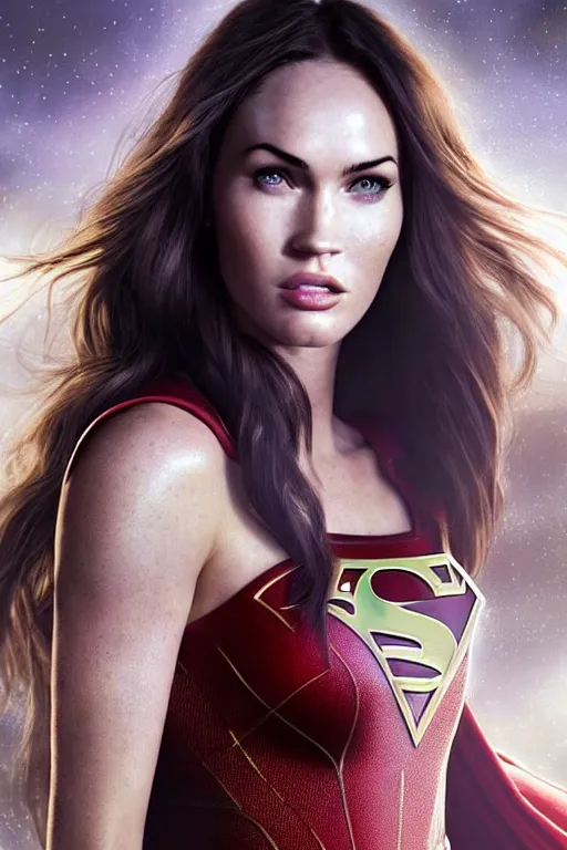 Prompt: majestic and regal portrait of megan fox female supergirl, dc universe, perfect face, beautiful, intricate, epic, elegant, fantasy, highly detailed, digital painting, hard focus, beautiful volumetric lighting, epic light, ultra detailed, by leesha hannigan, ross tran, thierry doizon, kai carpenter, ignacio fernandez rios