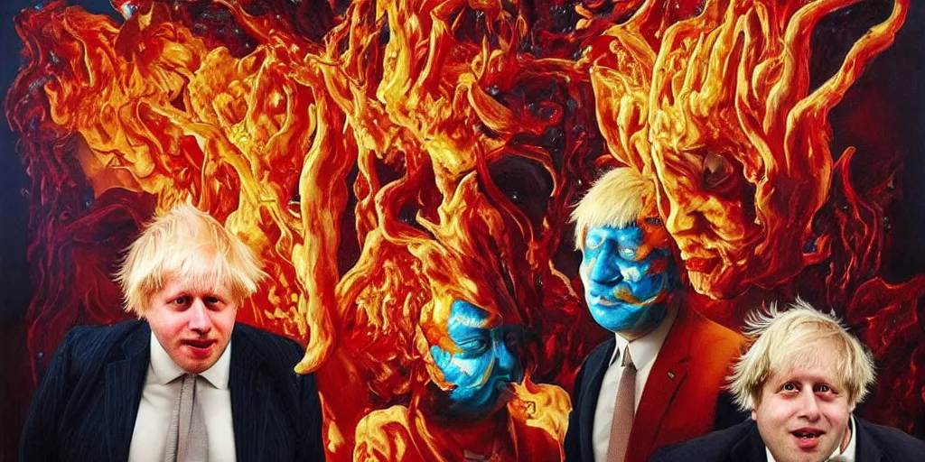 Prompt: rishi sunak and boris johnson in hell, abstract oil painting by gottfried helnwein pablo amaringo raqib shaw zeiss lens sharp focus high contrast chiaroscuro gold complex intricate bejeweled