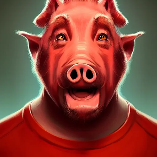 Prompt: portrait of a half man half pig with red shirt ,digital art,photorealistoc,art by greg rutkowski,hyperdetailed,western comic style,comic,comic style,sharp lineart,professional lighting,deviantart,artstation,trevor henderson,rossdtaws,cinematic,dramatic