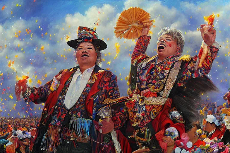 Prompt: portrait of rip taylor throwing confetti during a mexican funeral parade, an oil painting by ross tran and thomas kincade