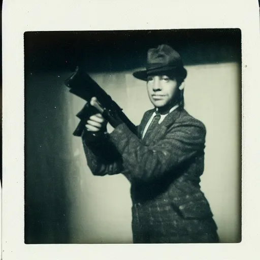 Prompt: a Polaroid photo of an among us character with a gun