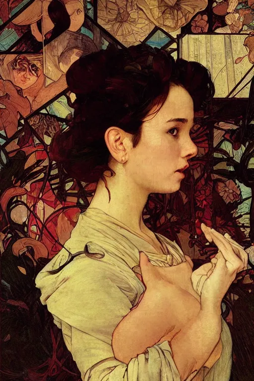 Prompt: a portrait of algebra as an artist, painted by Caravaggio, Greg rutkowski, Sachin Teng, Thomas Kindkade, Alphonse Mucha, Norman Rockwell, Tom Bagshaw.