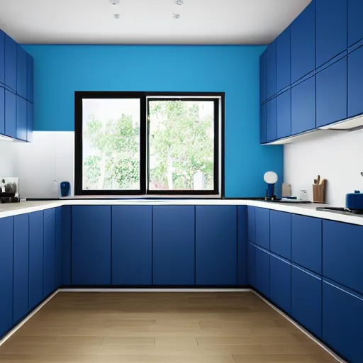 Image similar to interior of a modern minimal kitchen, blue color scheme, photorealist, 4 k