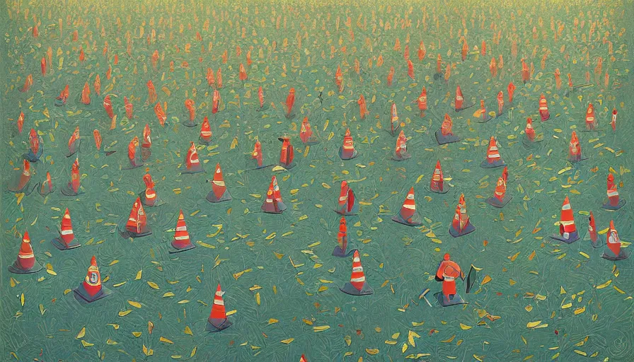 Prompt: safety cones scattered around an oak tree forest, by james jean by ilya kuvshinov kintsugi, hyper detailed surrealist painting