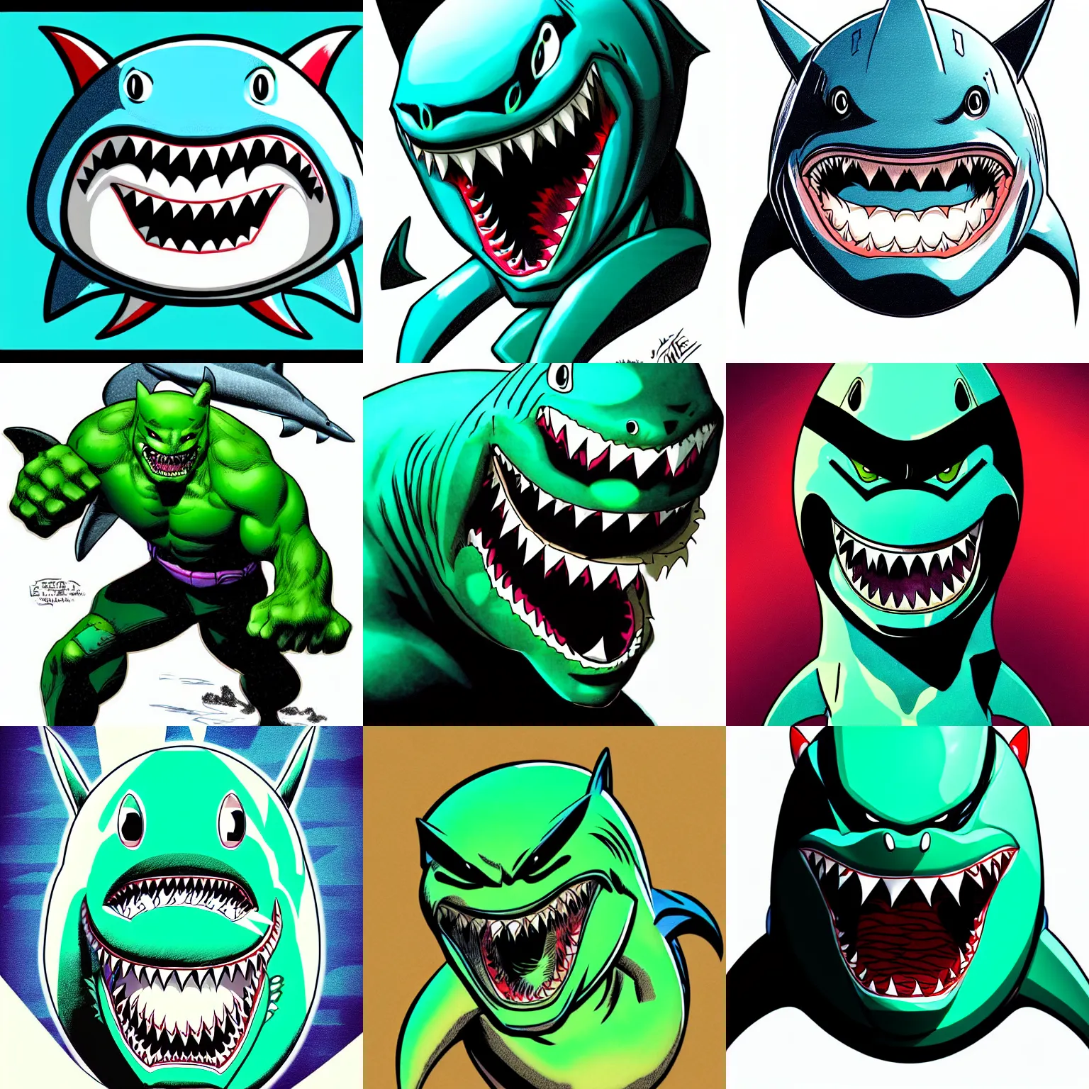 Prompt: anthropomorphic widehead cute teen shark!!! jim lee!!! face macro shot!!! flat! ink sketch colorised by jim lee close up in the style of jim lee, ninja! battle rugged hulk shark animal superhero by jim lee