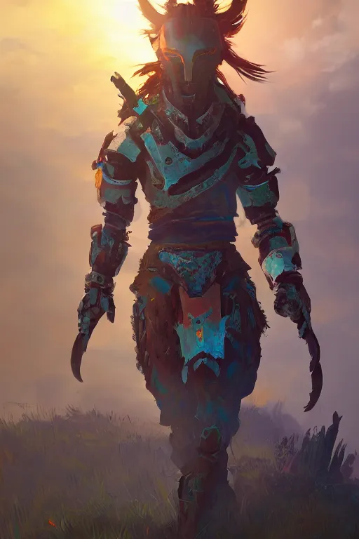 Image similar to combination suit armor aloy horizon forbidden west horizon zero dawn radiating a glowing aura global illumination ray tracing hdr fanart arstation by ian pesty and alena aenami artworks in 4 k tribal robot ninja mask helmet backpack