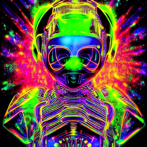 Image similar to black tshirt with a hyperdetailed portrait of a futuristic trippy fantasy punk robot, 8 k, symetrical, flourescent colors, halluzinogenic, multicolored,
