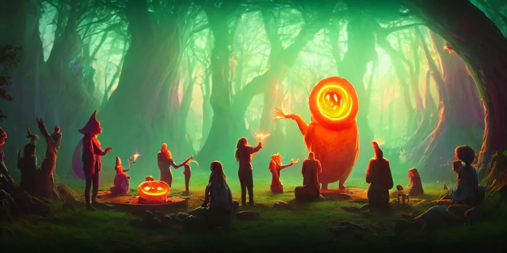 Prompt: group of forest wizards gathered around a summoning circle as a colossal ghostly donut - demon - hybrid - monster after - image emerges from a portal in the sky, glowing, culinary vibes, magic, fantasy colors, cinematic medium shot, 4 k hyper detailed, realistic, by riot games and julia yurtsev