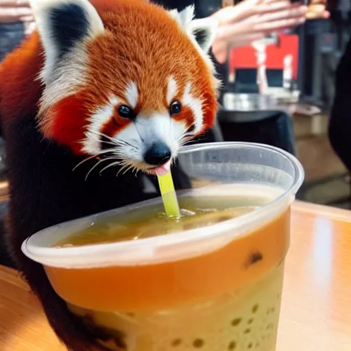 Prompt: A small red panda drinking bubble tea