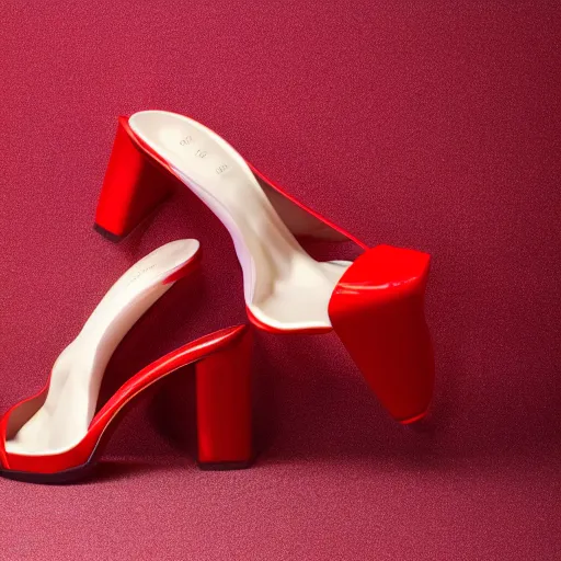 Image similar to studio photograph of a pair of beautiful open toe heels, red color scheme, vivid lighting, photorealist, 4 k