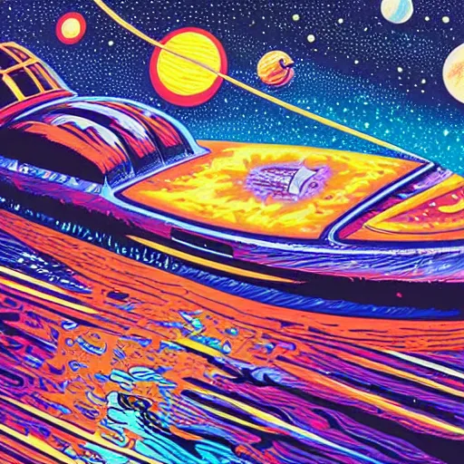 Prompt: painting of a cosmic boat sailing through space by Dan Mumford, hyper detailed, super detailed, lots of detail
