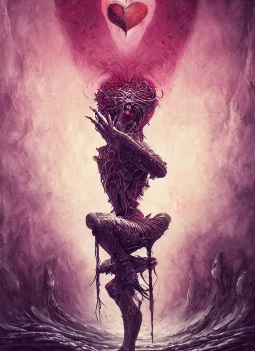 Image similar to the knave of hearts, death tarot card, highly detailed, cinematic, 8 k, by megan duncanson, benjamin lacombe, adrian borda, stanley artgermm, tom bagshaw, craig mullins, carne griffiths, ayami kojima, beksinski, giger, trending on deviantart, hyper detailed, horror, full of colour