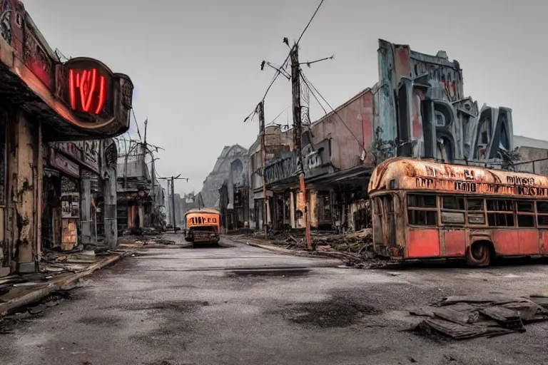 Image similar to low wide angle shot of dilapidated fallout 5, desolate, dilapidated neon signs, few rusted retro futuristic vintage parked vehicles like cars, ( ( ( buses, trucks, trams ) ) ), volumetric lighting, photorealistic, foggy, rain daytime, autumn, overcast weather, sharp focus, ultra detailed, 4 0 0 0 k
