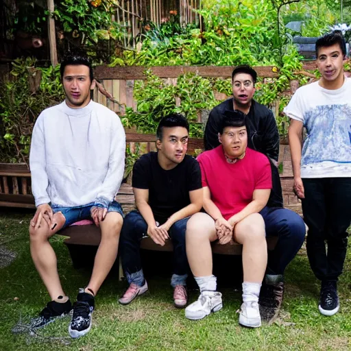 Prompt: one mexican woman 2 4 years old, one chinese man, one romanian man, one mexican man, one light skin black man, hanging out in a backyard in the city, peaking on mdma, actual photo