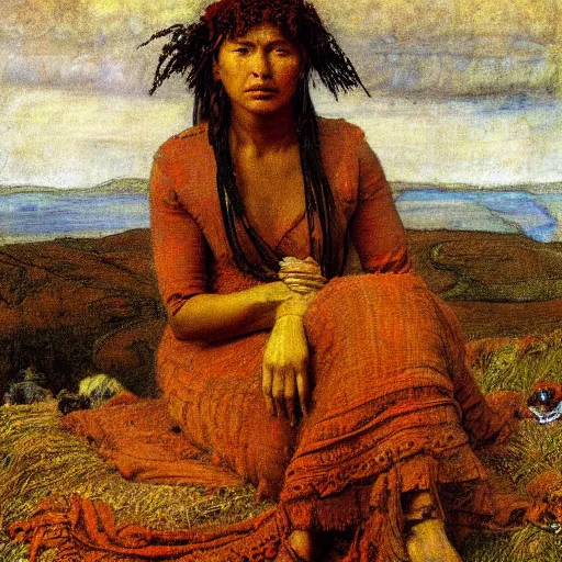 Prompt: inca insane by ford madox brown. a computer art of a beautiful scene of nature. the colors are very soft & muted, & the overall effect is one of serenity & peace. the composition is well balanced, & the brushwork is delicate & precise.