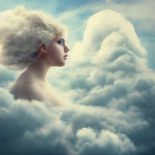 Image similar to goddess wearing a cloud fashion on the clouds, photoshop, colossal, creative, albino skin, giant, digital art, photo manipulation, clouds, covered in clouds, girl clouds, on clouds, covered by clouds, a plane flying on the sky, digital painting, artstation