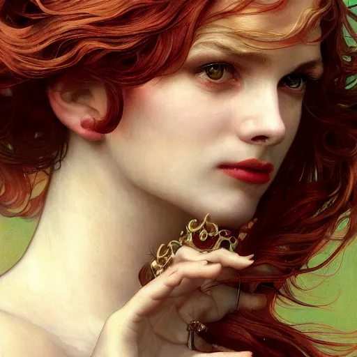 Prompt: closeup portrait fashion photo of divine beauty, beautiful detail and color, art by john collier and albert aublet and krenz cushart and artem demura and alphonse mucha, volumetric lighting, octane render, 4 k resolution, matte, sharp focus, illustration, art by jacque - louis david, baroque style