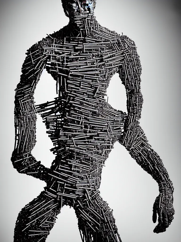 Image similar to a perfect portrait photograph, of an exploded man, every part is joined together by iron rods. perfect focus and studio lighting.