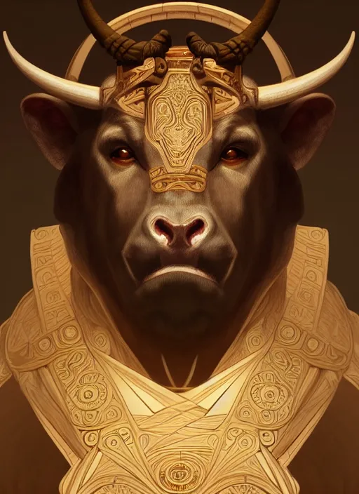 Image similar to symmetry!! portrait of minotaur, ancient greece, intricate, elegant, highly detailed, digital painting, artstation, concept art, smooth, sharp focus, illustration, art by artgerm and greg rutkowski and alphonse mucha, 8 k