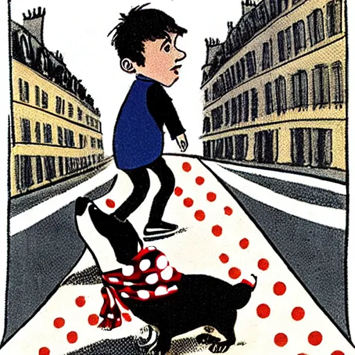 Image similar to book illustration of a french boy on the streets of paris playing football against a corgi, the dog is wearing a polka dot scarf, 1 9 6 6