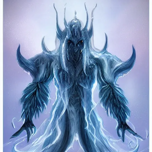 Prompt: otherworldly but beautiful and tall demon of ice