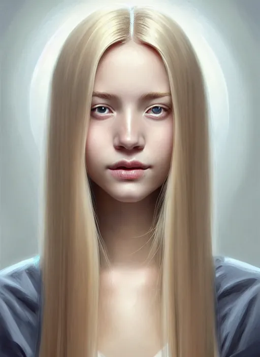 Image similar to beautifully symmetrical face, portrait of young woman blessed with ever - increasing physical and mental perfection, realism, blonde hair, coquettish perfect face!! intricate, elegant, highly detailed, vision of holy perfection!! smile, digital painting, artstation, concept art, smooth, sharp focus, illustration, art by artgerm and greg rutkowski and alphonse mucha