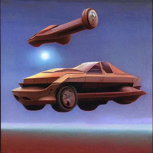 Image similar to retrofuturistic flying car, 1 9 7 0 s scifi art, beksinski style highly detailed painting